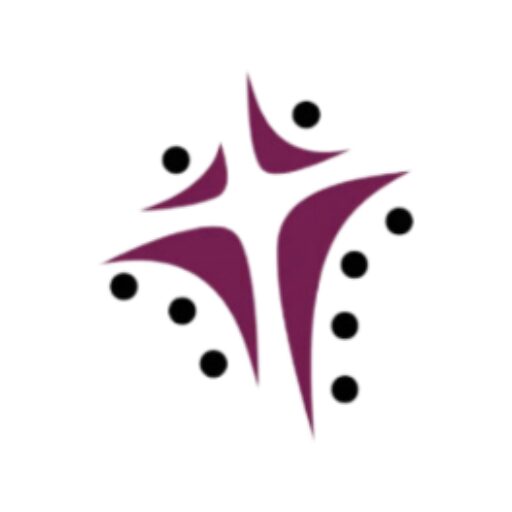 Stylized purple cross with black dot accents
